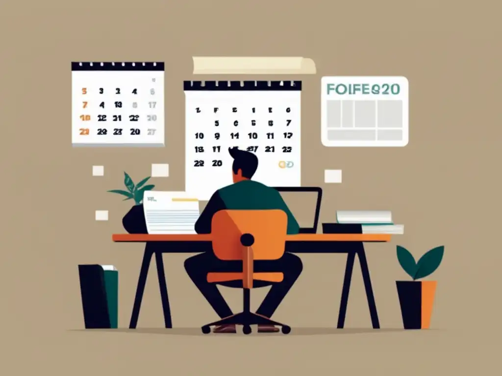 Freelancer preocupado rodeado de carpetas vacías y calendario en blanco Freelancer preocupado: ahorro financiero en períodos económicos bajos