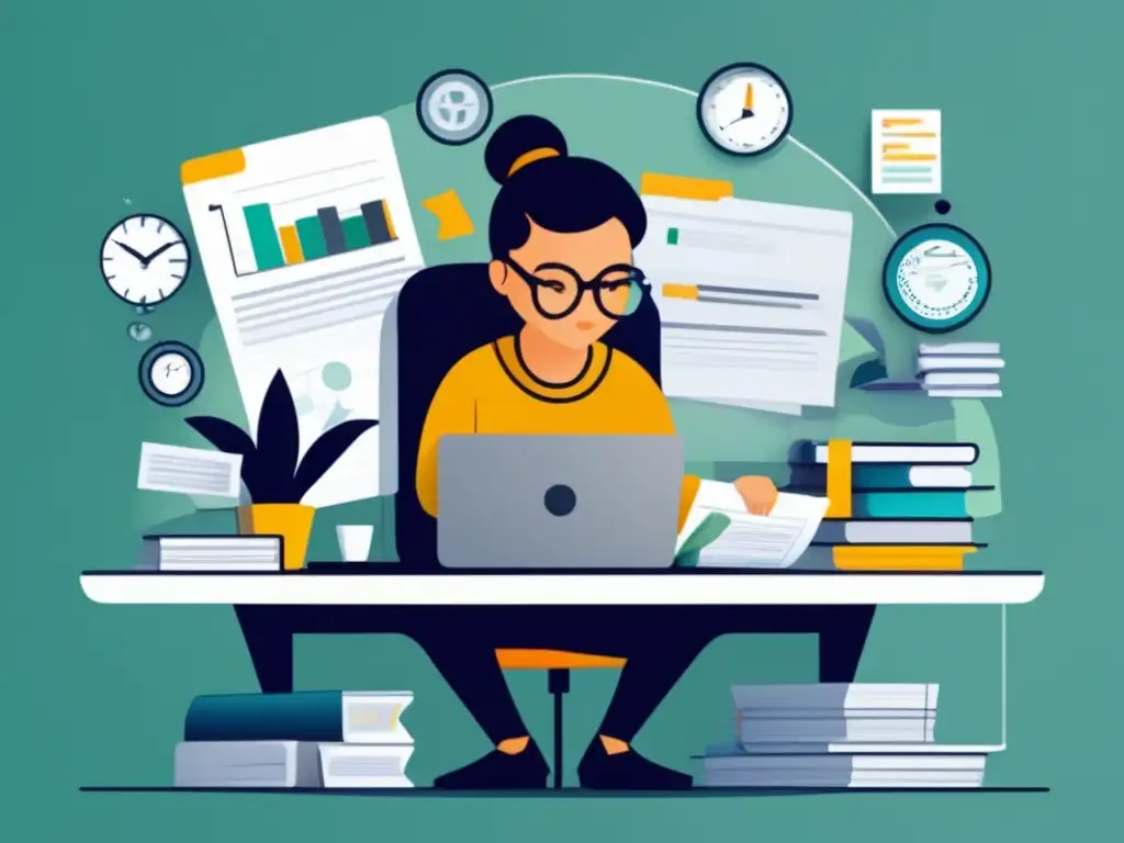 Freelancer analizando estrategias de precios Ilustración 8k: freelancer pensativo en escritorio rodeado de elementos representando estrategias tarifarias para freelancers