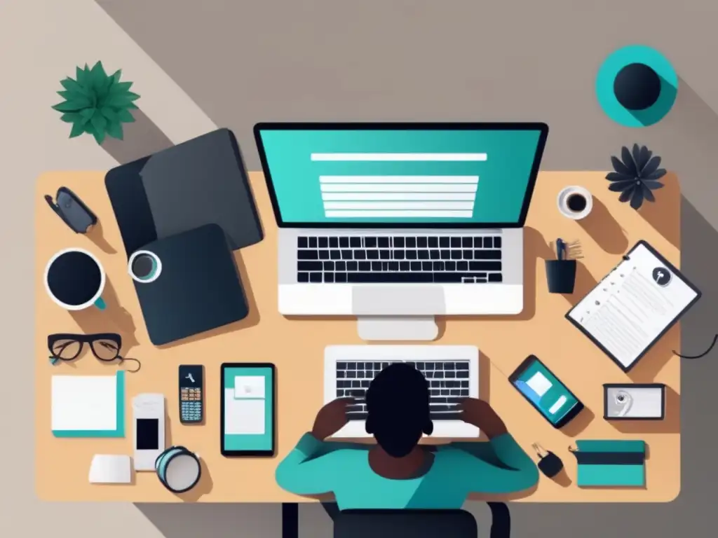 Freelancer trabajando en un escritorio moderno Freelancer enfocado en estrategia de afiliación para aumentar ingresos