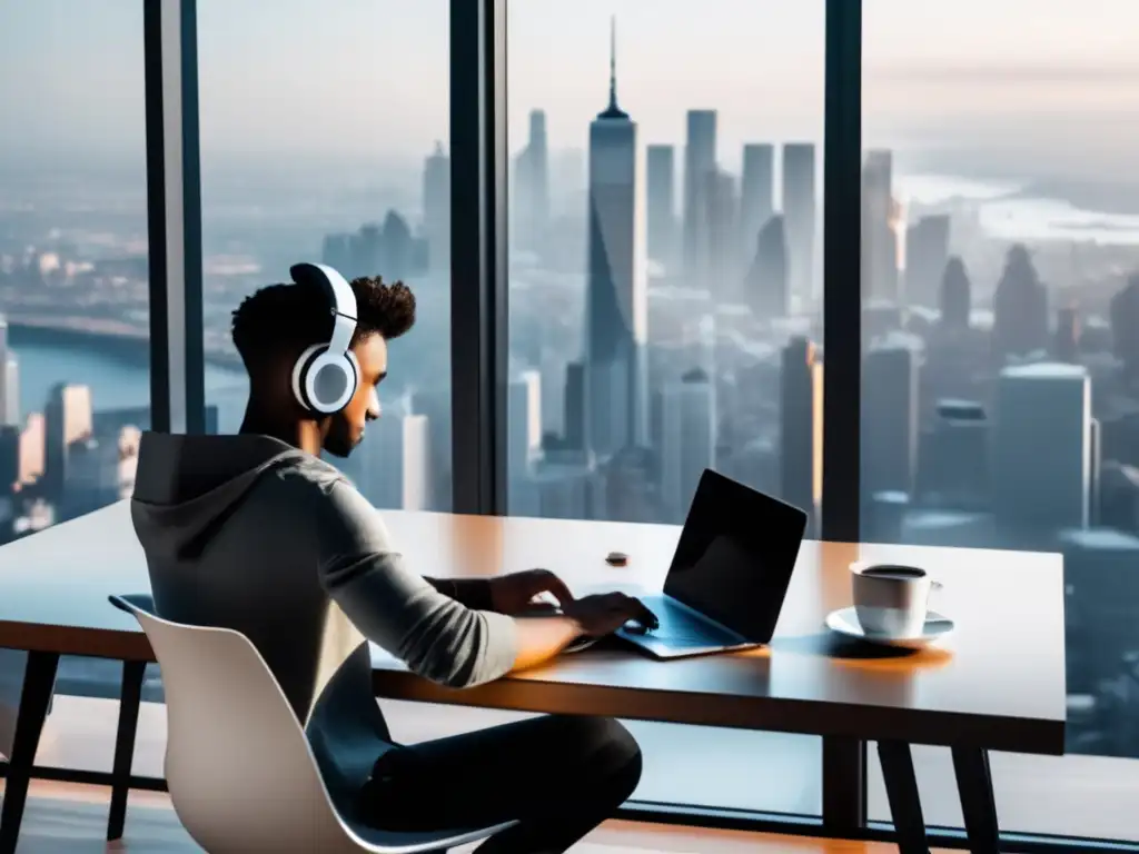 Freelancer productivo en escritorio moderno Freelancer trabajando en un escritorio moderno, con vista a la ciudad y símbolo del sistema fiscal estadounidense para freelancers