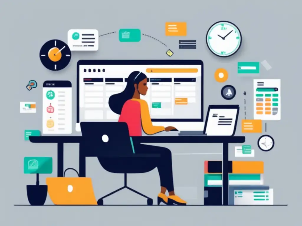 Freelancer trabajando con herramientas de seguimiento de pagos Ilustración minimalista de un freelancer en su escritorio rodeado de herramientas de seguimiento de pagos