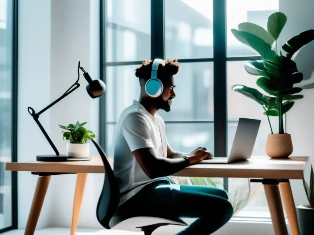 Freelancer trabajando en un espacio minimalista Freelancer generando ingresos pasivos en un espacio minimalista y productivo