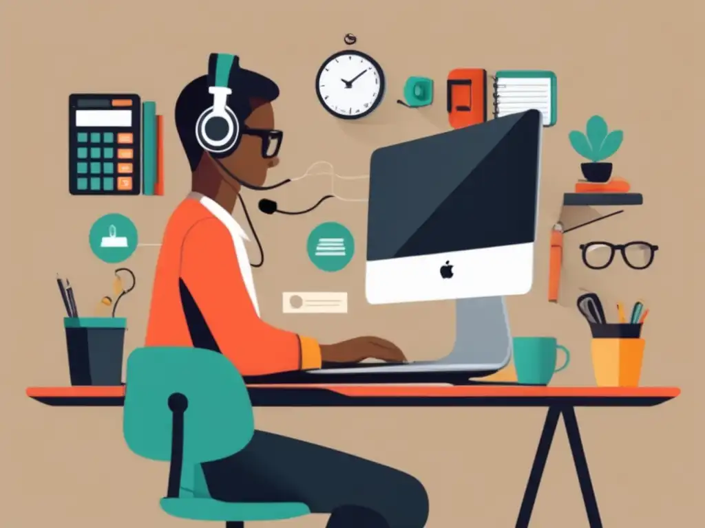 Freelancer trabajando en un escritorio organizado Freelancer enfocado en su escritorio, con herramientas y objetos representando habilidades, con tarifas adecuadas