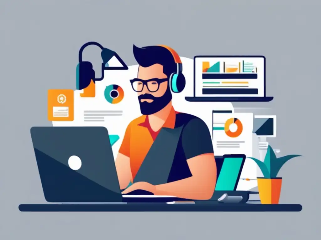 Freelancer en escritorio moderno y eficiente Freelancer enfocado con herramientas de alto rendimiento y ambiente de trabajo limpio - Créditos para freelancers
