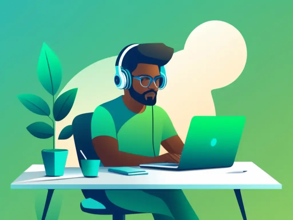Freelancer enfocado en su trabajo Freelancer enfocado en pantalla, trabajando en escritorio organizado, símbolo de productividad y éxito