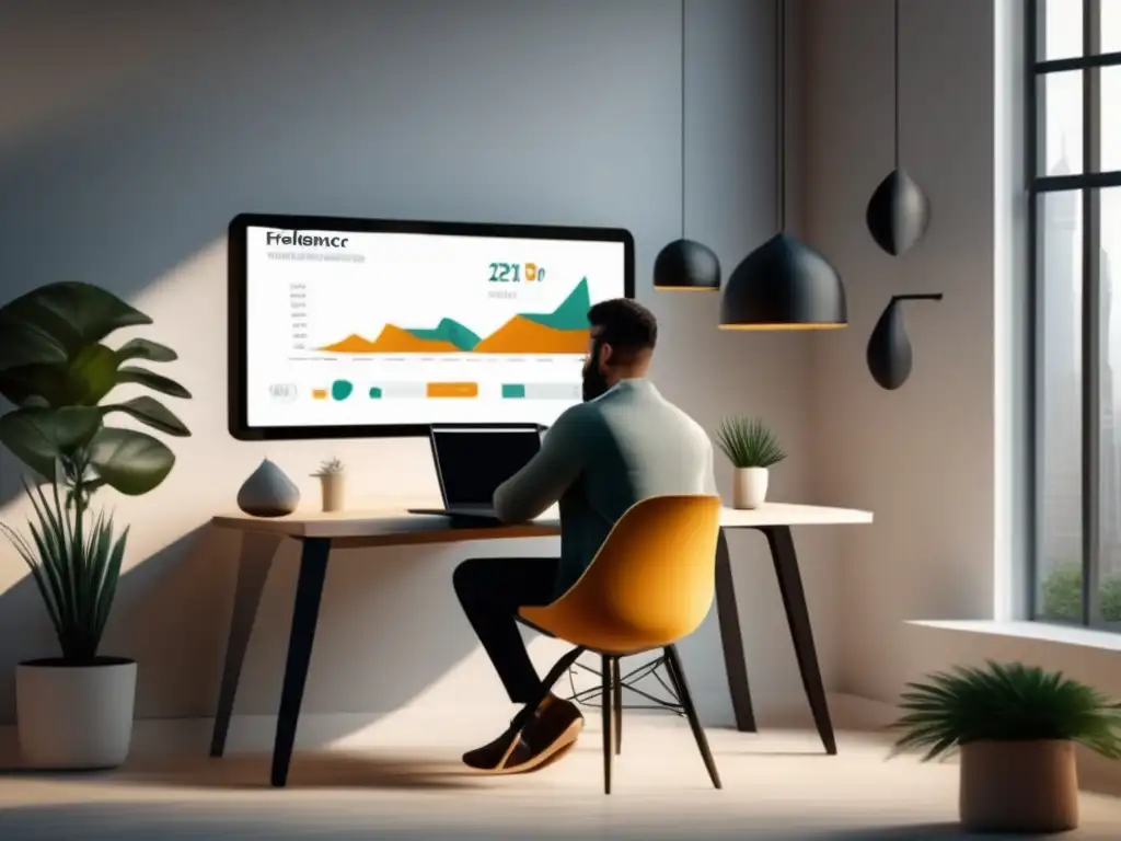 Freelancer productivo en espacio minimalista Freelancer en laptop con espacio de trabajo minimalista y créditos para freelancers