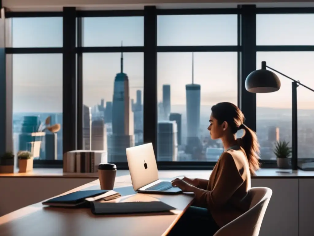Freelancer en oficina organizada y tranquila Freelancer en oficina limpia y organizada con vista a la ciudad - Planificación financiera para freelancers sin familia