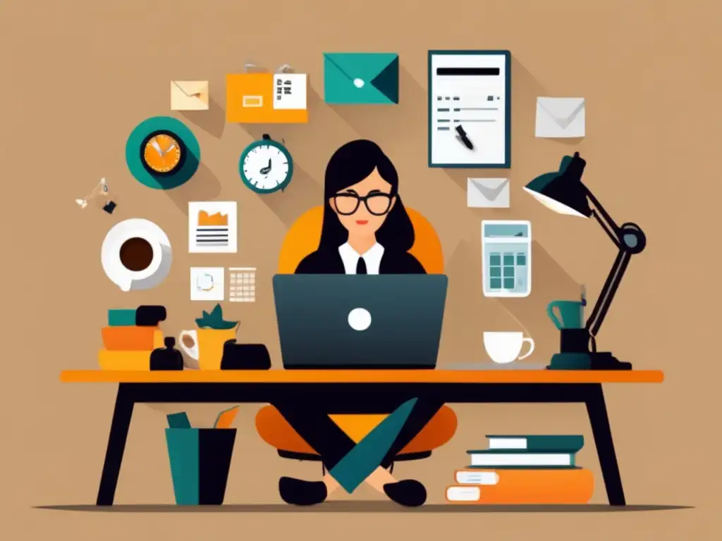 Freelancer trabajando con determinación Freelancer enfocado en su trabajo, con objetos representativos y una gráfica de tarifas adecuadas
