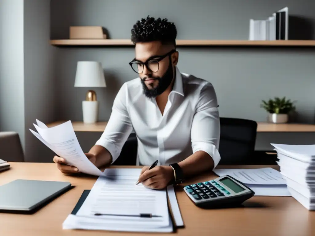 Freelancer exitoso rodeado de dinero y contrato Freelancer con tarifas efectivas, dinero y contrato en un escritorio organizado -