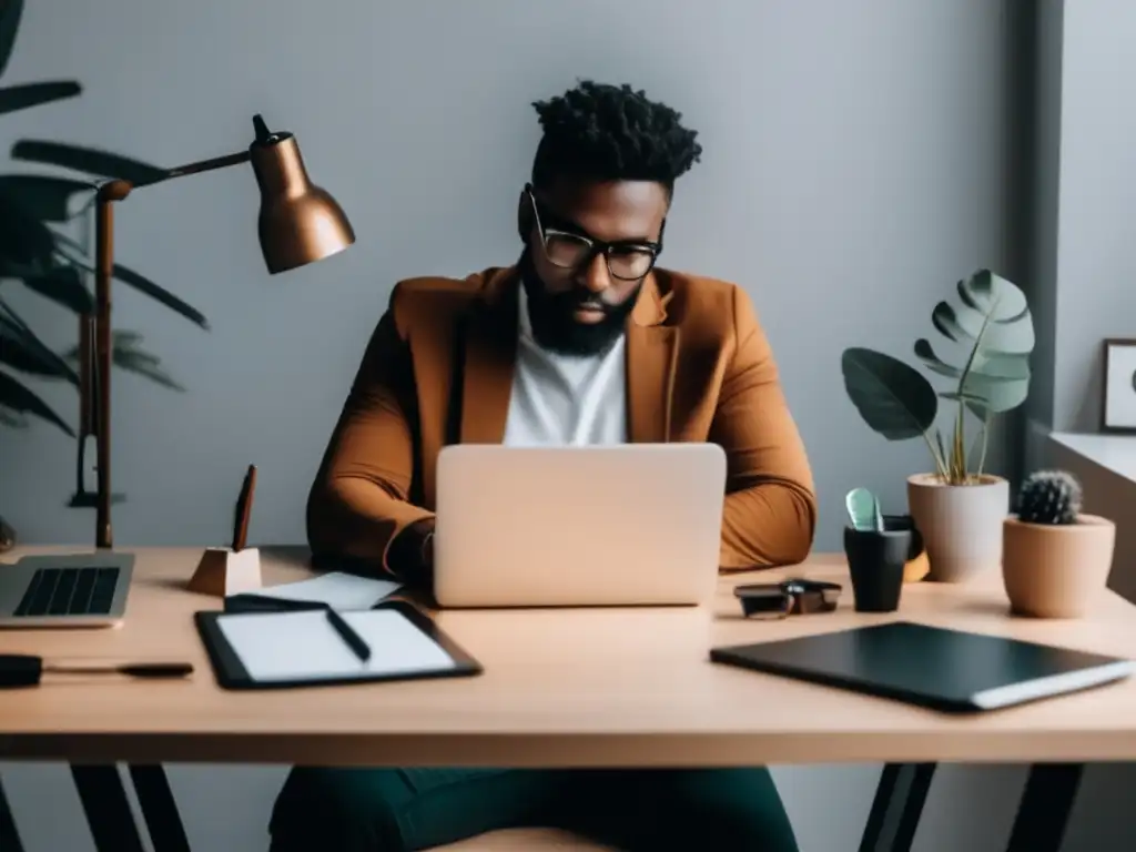 Freelancer reflexivo en escritorio minimalista Freelancer reflexiona sobre tarifas adecuadas para freelancers