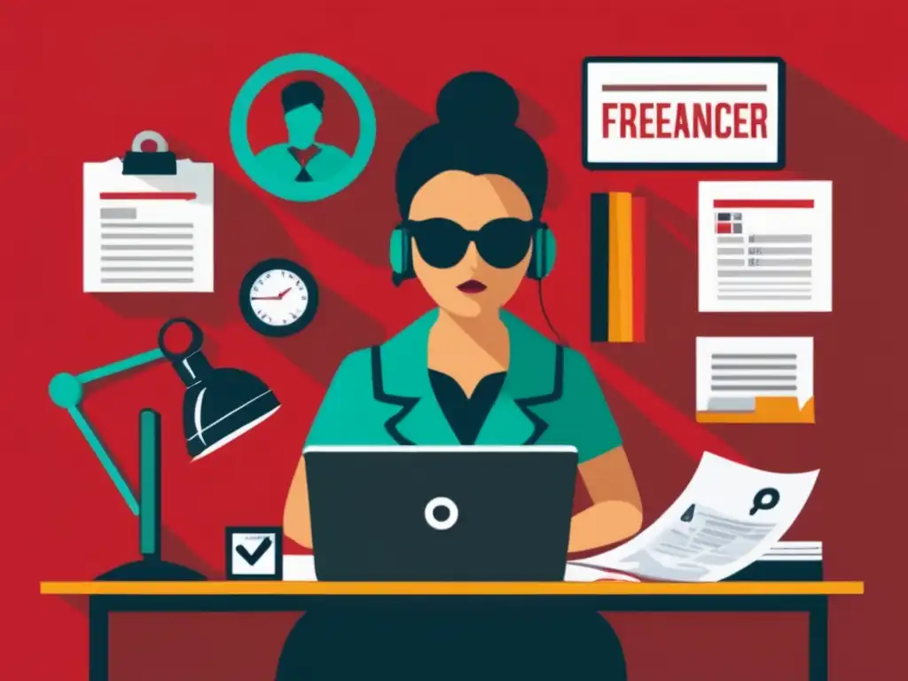 Freelancer analizando contrato con señales de advertencia Freelancer protegiendo finanzas, examinando contrato y alertas de impagos