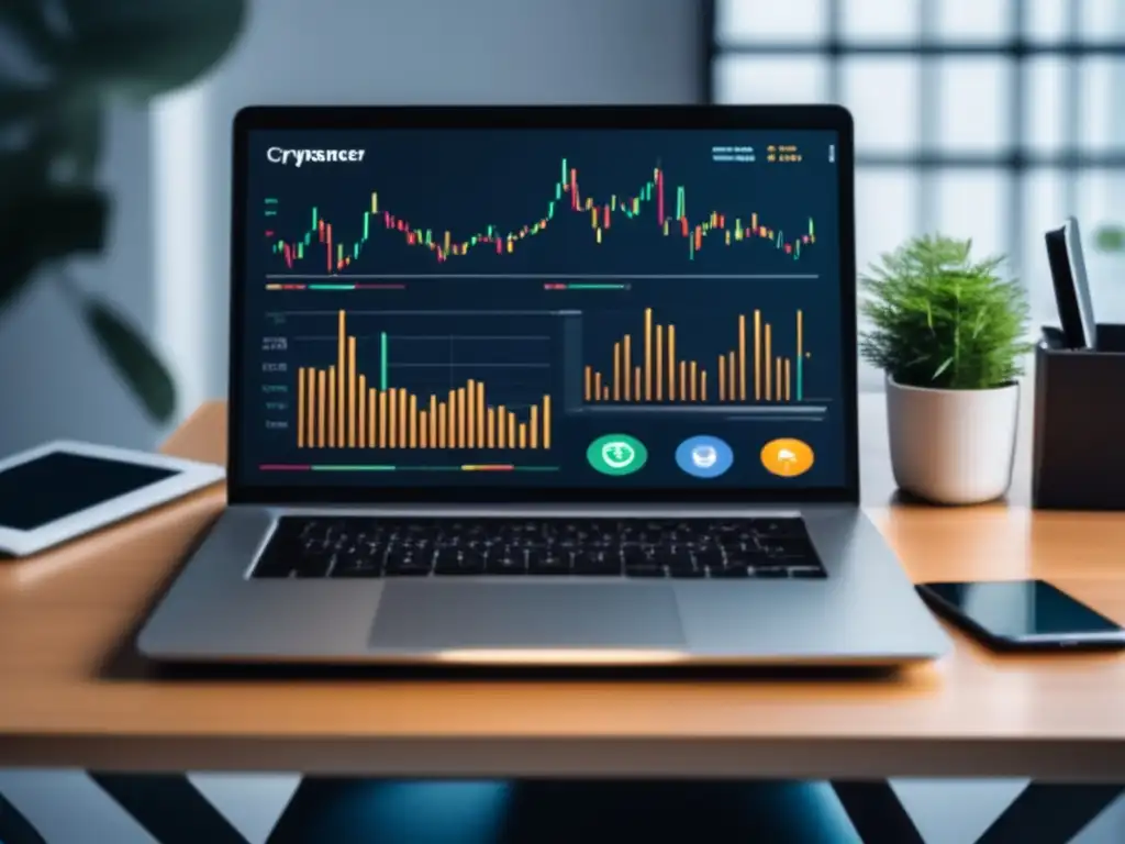 Freelancer rastreando transacciones con criptomonedas Freelancer gestionando finanzas con monedas digitales en escritorio minimalista