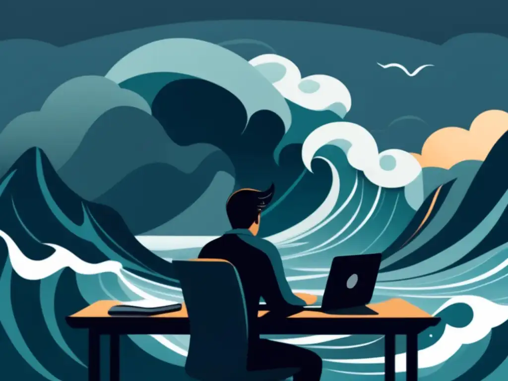 Freelancer resiliente navegando la tormenta financiera Freelancer navegando con laptop en mar tormentoso, destacando gestión financiera para freelancers