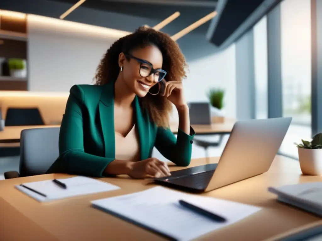 Freelancer resuelve disputa financiera con cliente satisfecho Resolución de disputas financieras con clientes freelancer en una oficina moderna