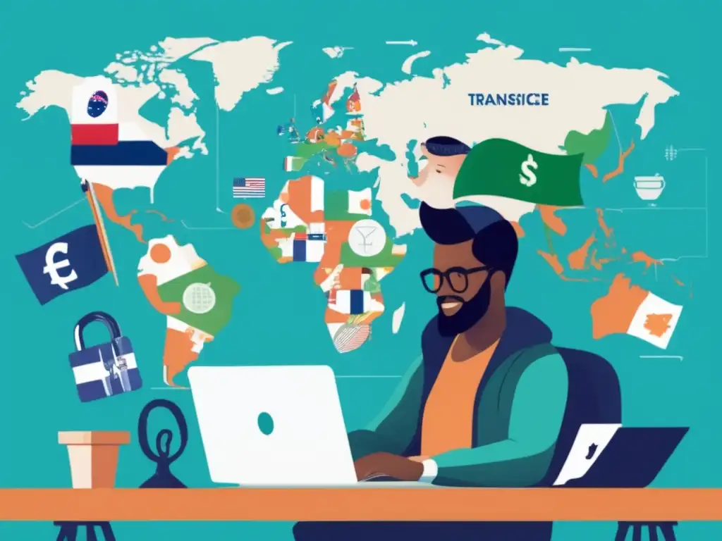 Freelancer confiado completando una transacción segura en TransferWise Freelancer en escritorio con TransferWise: beneficios de transacciones en línea para freelancers