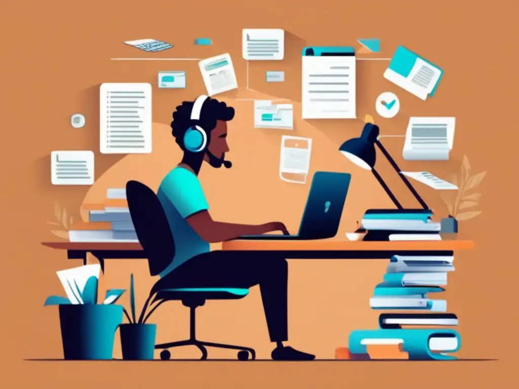Freelancer trabajando con desafíos familiares Un freelancer inmerso en el trabajo rodeado de papeles y una laptop, simbolizando los desafíos de ser padre y freelancer
