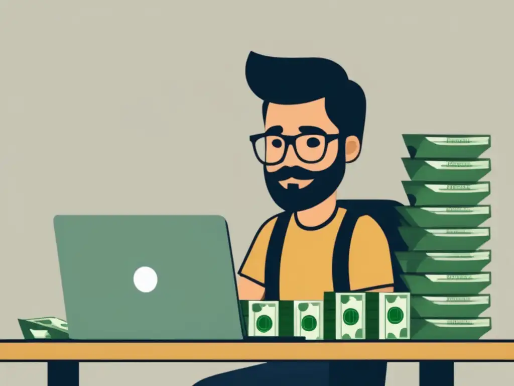 Freelancer enfocado trabajando rodeado de dinero Freelancer trabajando en laptop rodeado de dinero, simbolizando colchón financiero para freelancers