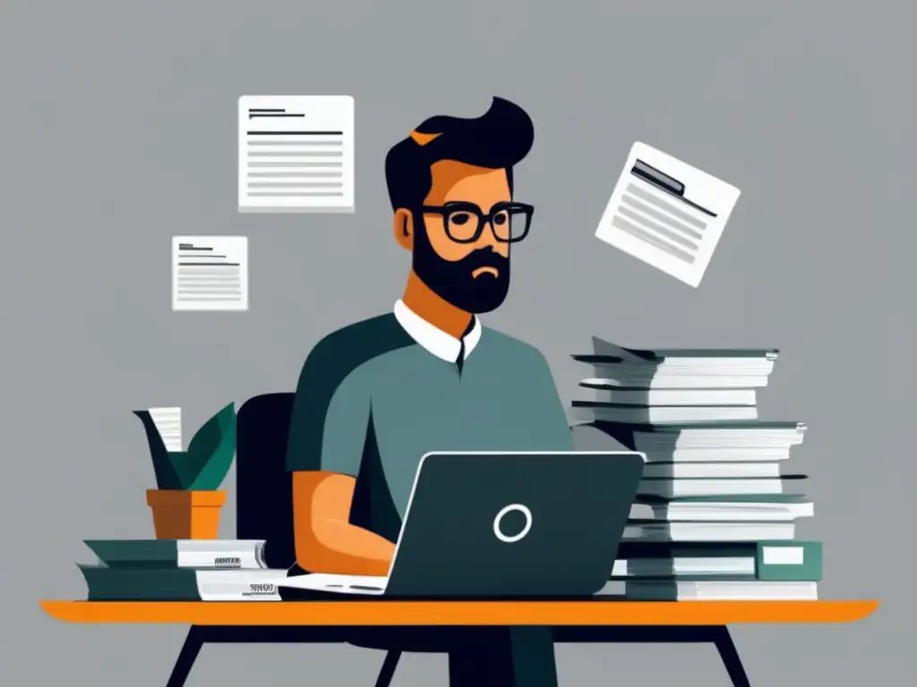 Freelancer trabajando en escritorio con papeles y calculadora Freelancer trabajando en un escritorio rodeado de papeleo, formularios de impuestos y calculadora