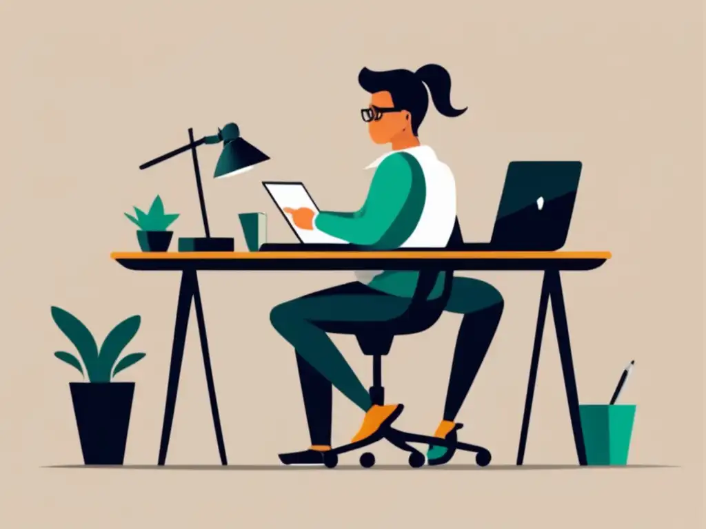 Freelancer enfocado en escritorio Ilustración minimalista de un freelancer trabajando en un escritorio, con laptop, bloc de notas y bolígrafo