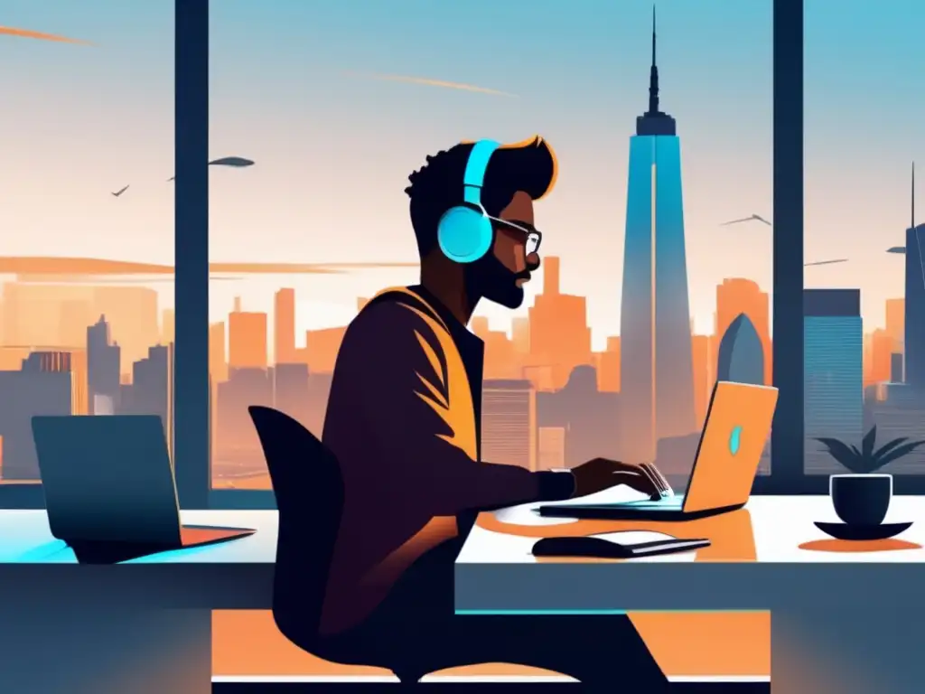 Freelancer concentrado en escritorio Un freelancer trabajando en un espacio luminoso y organizado, con vista a la ciudad, simbolizando ingresos pasivos