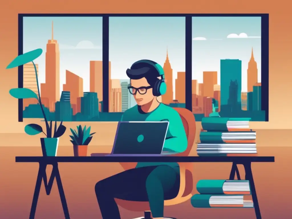Freelancer concentrado en su escritorio Ilustración minimalista de un freelancer trabajando en un escritorio, rodeado de papeleo y una laptop