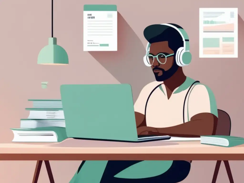 Freelancer dedicado en su escritorio con documentos y laptop Requisitos para crédito freelancer: trabajo dedicado en escritorio organizado, documentos financieros, laptop y auriculares