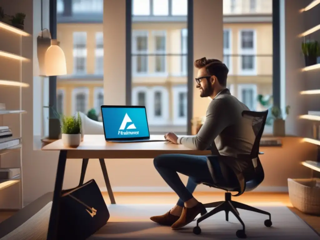 Freelancer trabajando en un espacio luminoso y ordenado con TransferWise Freelancer en un escritorio moderno, trabajando en una laptop con el logo de TransferWise, vista de ciudad y beneficios de transacciones en línea