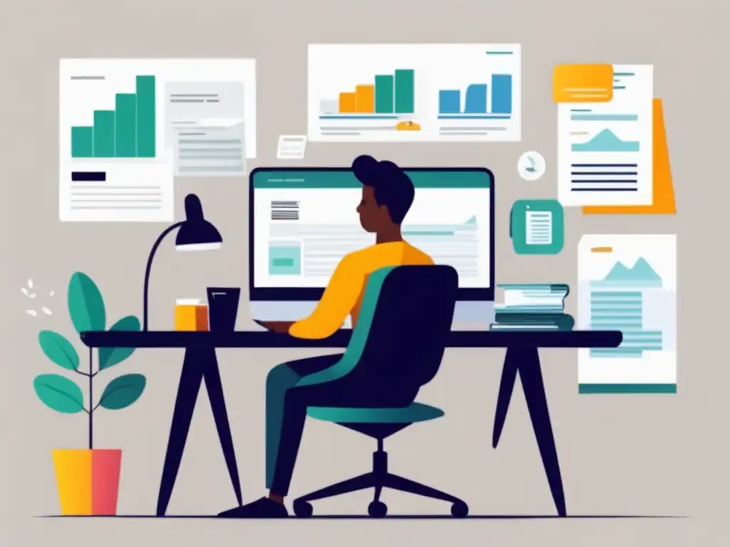 Freelancer organizado con Wave Ilustración minimalista de un freelancer usando Wave, la herramienta de contabilidad para freelancers