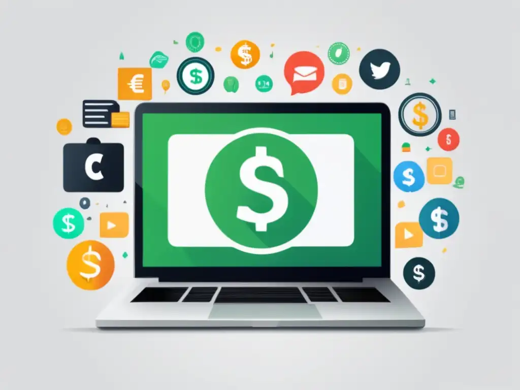 Generación de ingresos digitales Laptop con símbolo de signo de dólar rodeado de iconos de estrategias de monetización para freelancers