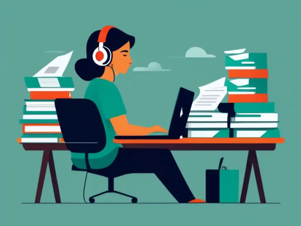 Gestión eficiente de clientes morosos Ilustración minimalista de un freelancer con papeleo y facturas, gestionando clientes morosos para freelancers financieros