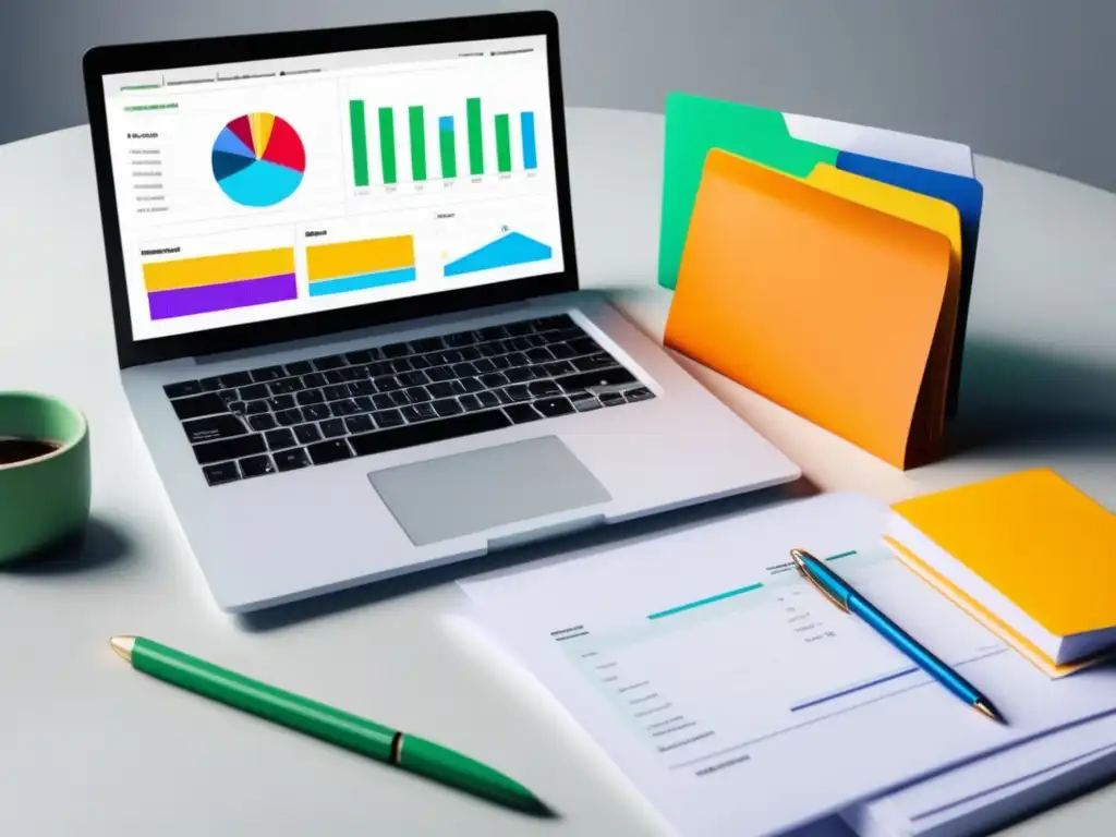 Gestión financiera para freelancers Administración financiera para freelancers en un espacio minimalista con una laptop, hojas de cálculo y una alcancía cristalina