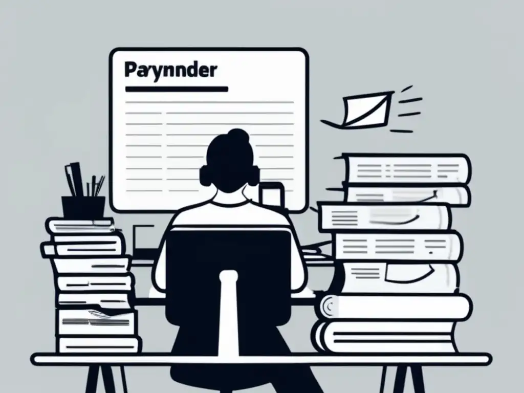 Freelancer frustrado por pagos atrasados Gestión pagos tardíos para freelancers: imagen minimalista con fondo blanco, dibujo de freelancer frustrado rodeado de facturas impagas y calendario
