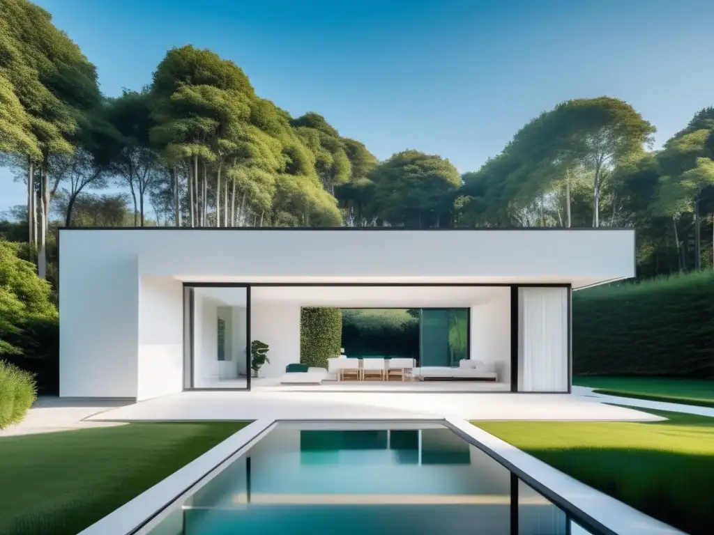Casa minimalista rodeada de naturaleza serena Minimalista casa blanca con vistas al paisaje verde y cielo azul