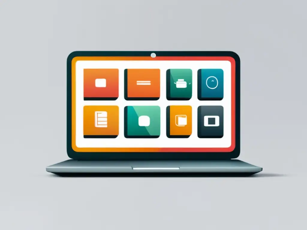 Laptop con iconos de productos en fondo blanco Laptop minimalista con íconos interconectados de electrónica, moda y hogar