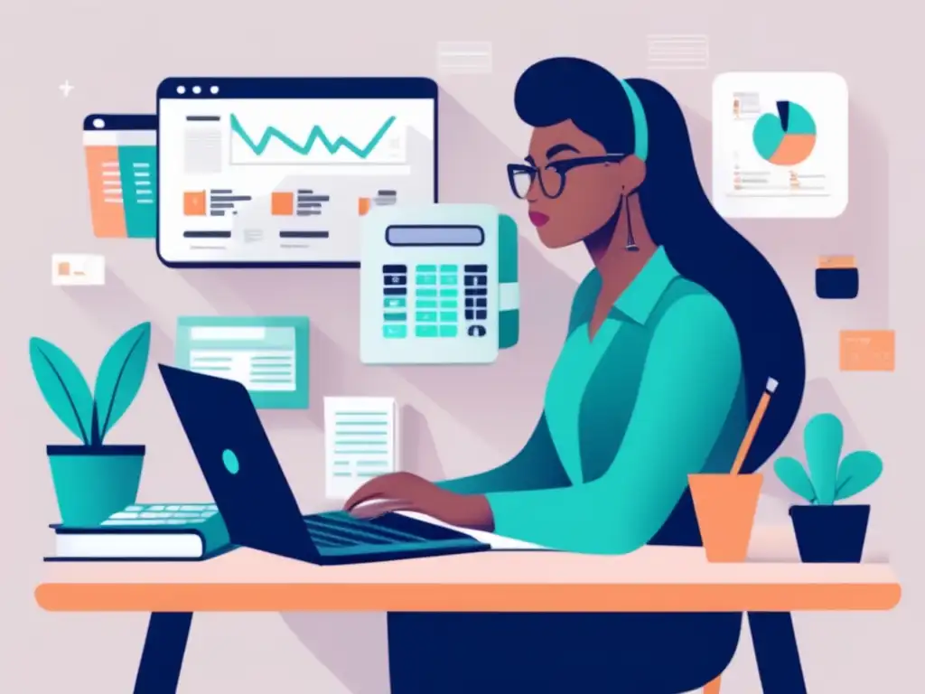 Freelancer en planificación financiera Freelancer en escritorio, rodeado de herramientas de planificación financiera