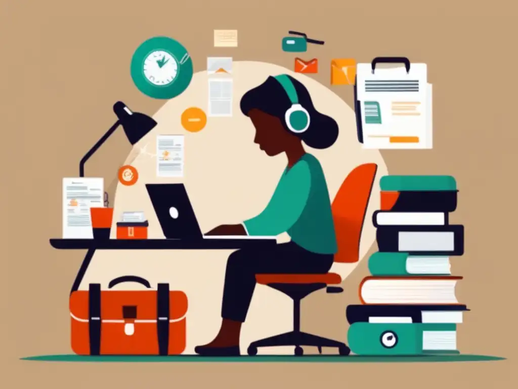 Deducciones fiscales para freelancers Ilustración minimalista de un freelancer en un escritorio rodeado de objetos que representan deducciones fiscales para freelancers