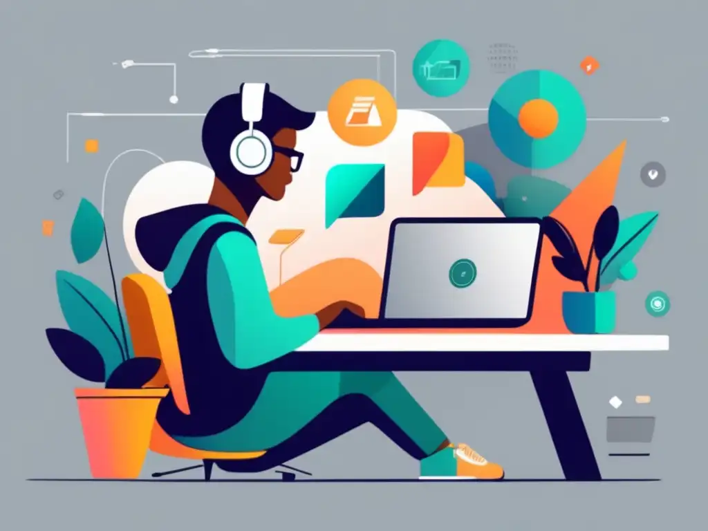 Ilustración minimalista: freelancer trabajando Ilustración minimalista de un freelancer en un escritorio rodeado de objetos que representan habilidades y habilidades