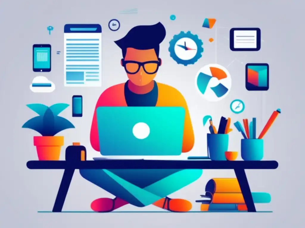 Freelancer enfocado y determinado Requisitos crédito freelancer: ilustración minimalista de un freelancer concentrado en su trabajo rodeado de herramientas y dispositivos