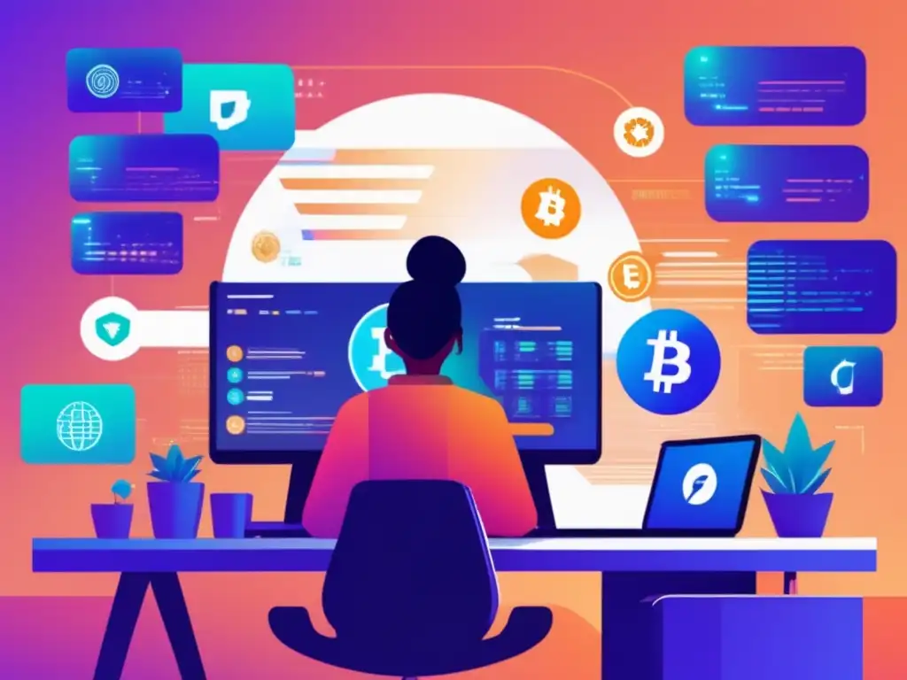 Freelancer enfocado en criptomonedas Ilustración minimalista de un freelancer con criptomonedas, mostrando ventajas para freelancers