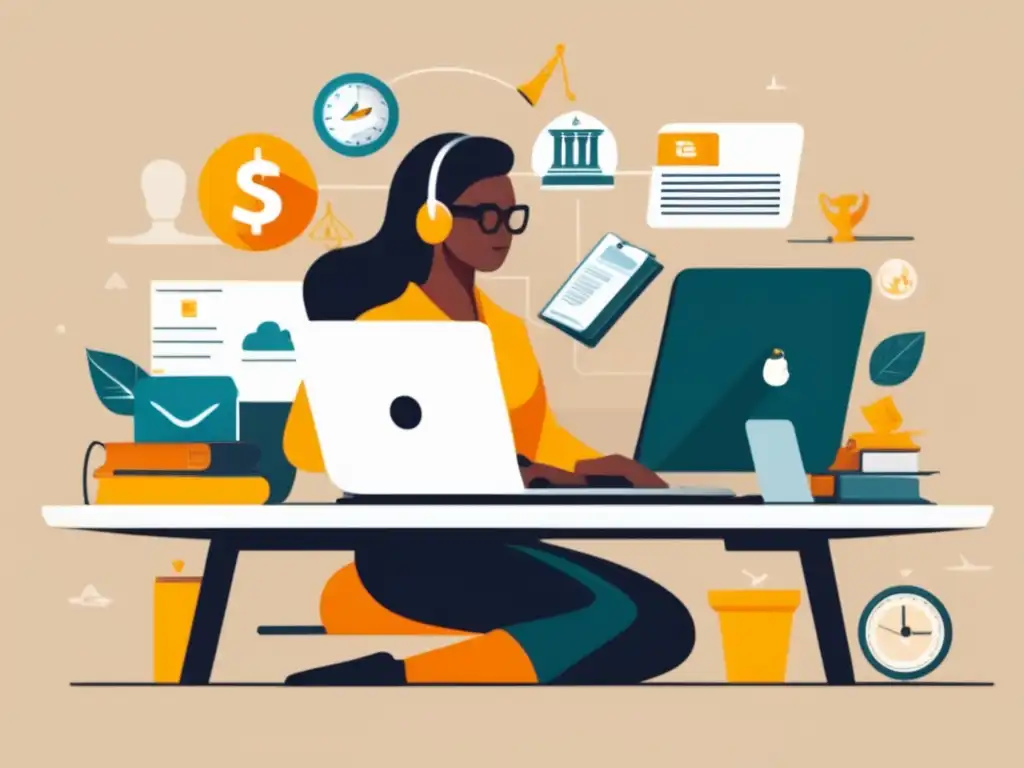 Freelancer trabajando rodeado de entidades gubernamentales y aseguradoras Ilustración minimalista de un freelancer trabajando en un escritorio rodeado de entidades gubernamentales y compañías de seguros especializadas