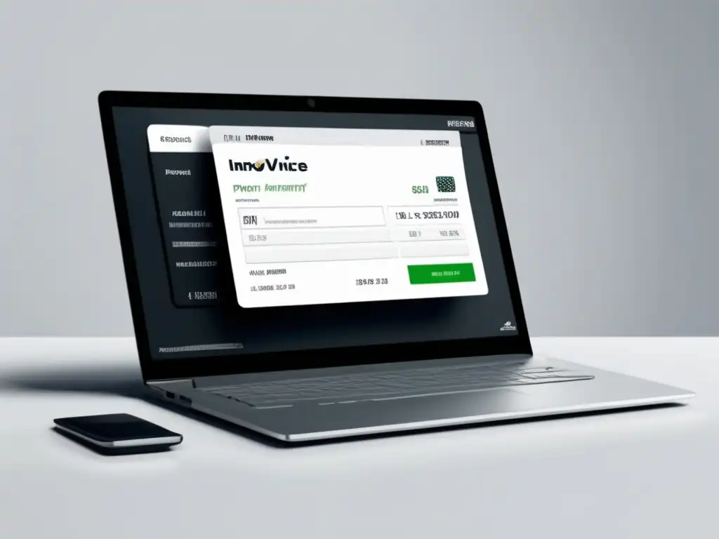 Factura y pago en laptop Implementación software de facturación y cobro para freelancers - Ilustración minimalista de una laptop con interfaz y transacciones