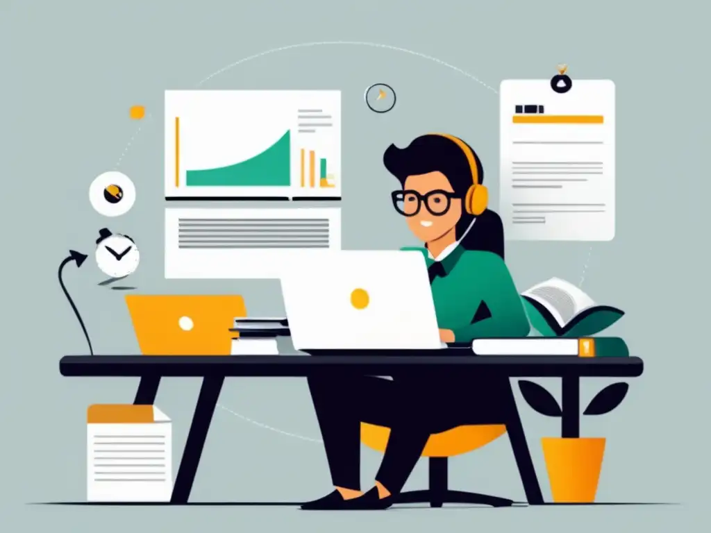 Freelancer trabajando con elementos de impuestos Ilustración de freelancer en escritorio con elementos de impuestos y deducciones fiscales para freelancers