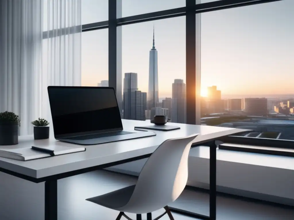 Espacio de trabajo minimalista y organizado Espacio de trabajo minimalista con ventana y vista a la ciudad: declaración de impuestos para freelancers
