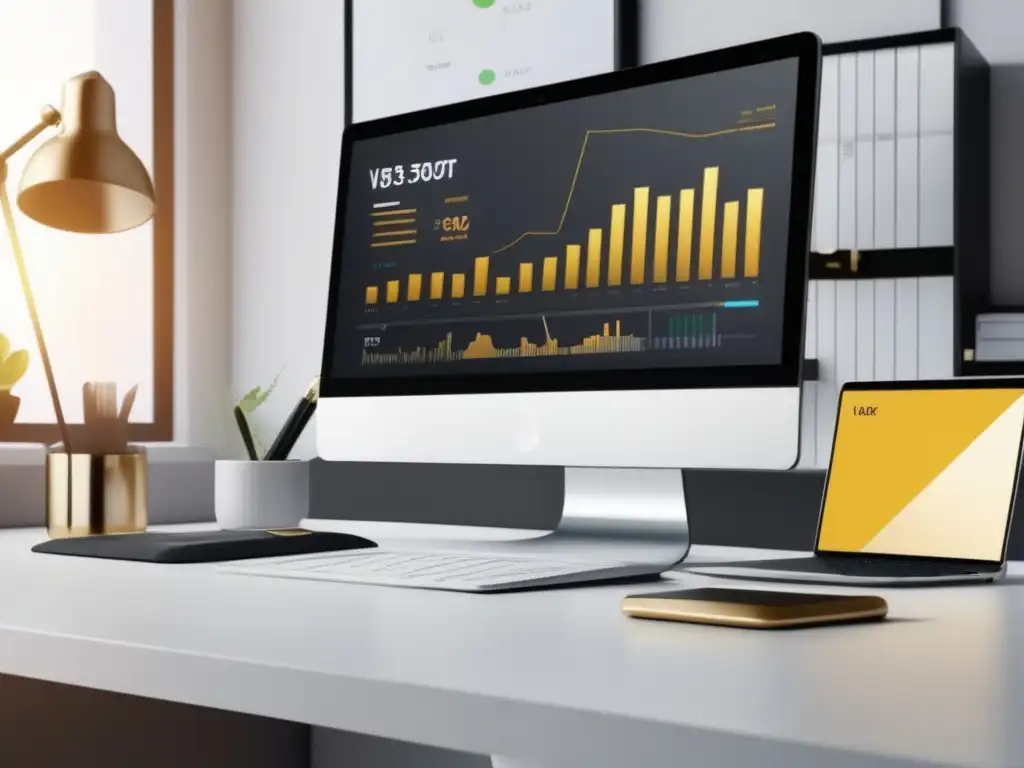 Espacio de trabajo minimalista con escritorio blanco y laptop central Espacio de trabajo minimalista con escritorio blanco y laptop