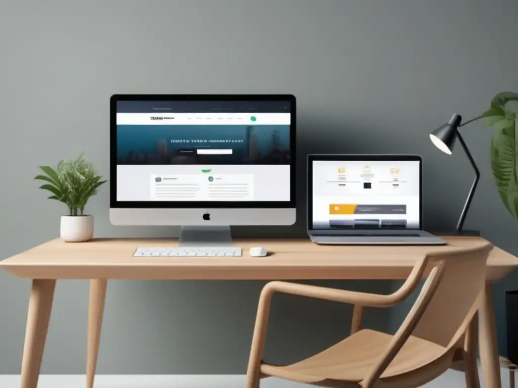 Espacio de trabajo minimalista con escritorio moderno de madera clara Espacio de trabajo minimalista con escritorio moderno de madera clara, laptop, diseño web SEO y estrategias financieras para freelancers en EE