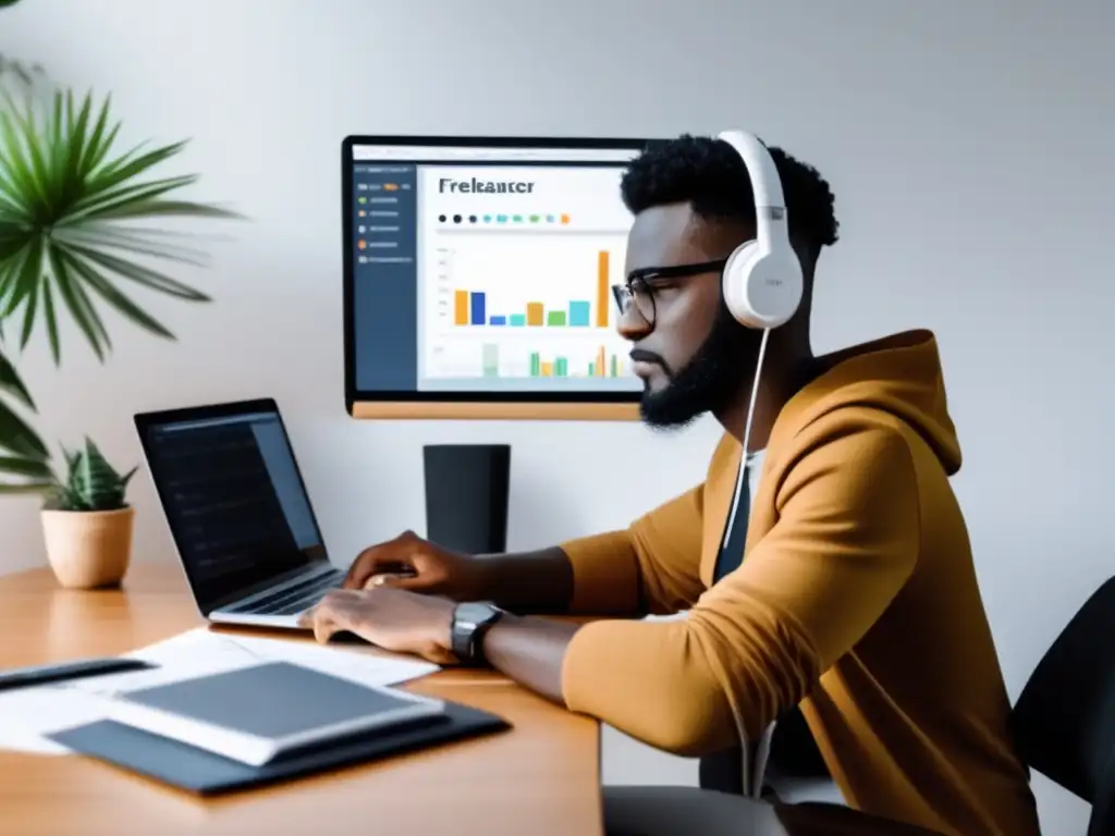 Escritorio organizado del freelancer Freelancer en escritorio organizado con software de planificación financiera para freelancers