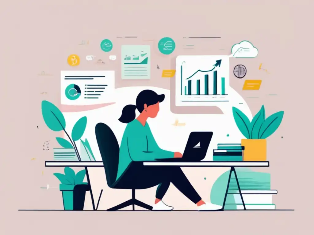 Ilustración de planificación financiera para freelancer Imagen: Ilustración minimalista de un freelancer rodeado de símbolos de estrategias financieras para freelancers que desean formar una familia