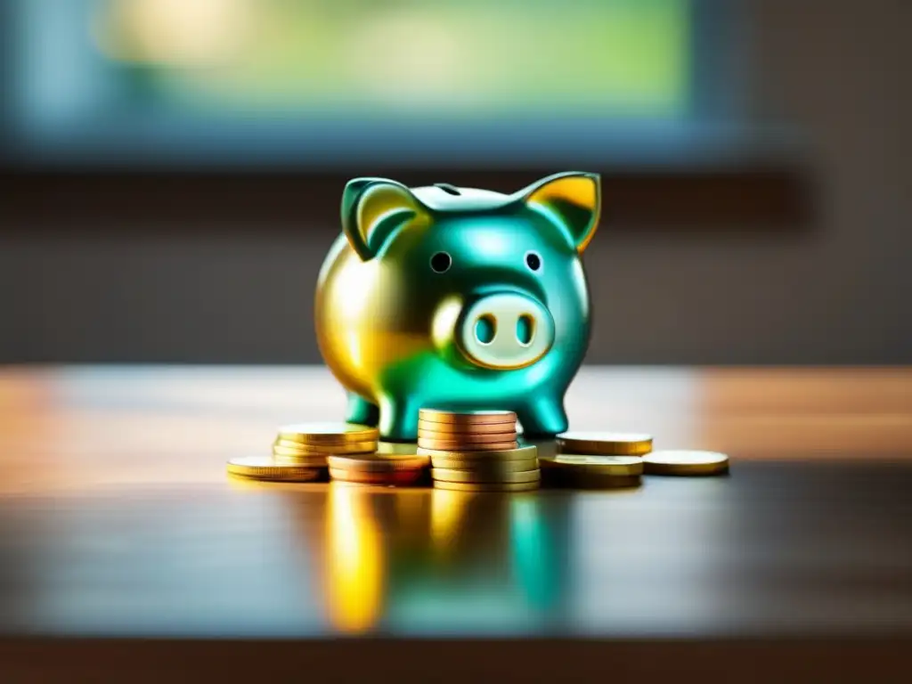 Ahorro y estabilidad financiera Estrategias de ahorro para freelancers: Hucha de vidrio con monedas de oro, plata y cobre en una mesa de madera limpia