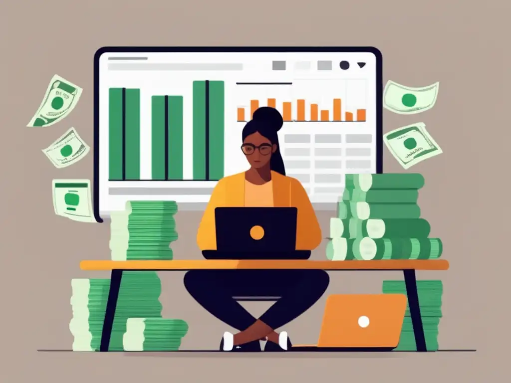 Freelancer concentrado en metas financieras Freelancer en escritorio, rodeado de dinero y laptop con hoja de cálculo financiera