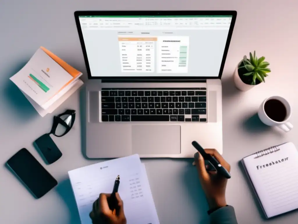 Freelancer organizando finanzas Freelancer en escritorio moderno con herramientas de planificación financiera para freelancers